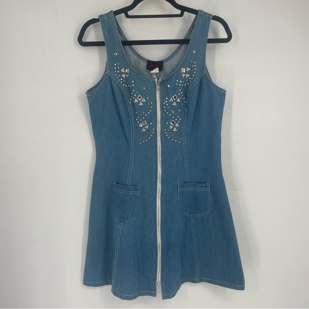 Vintage 90s Diva L Denim Studded Mini Dress Zip Front Cowgirl Western Festival
